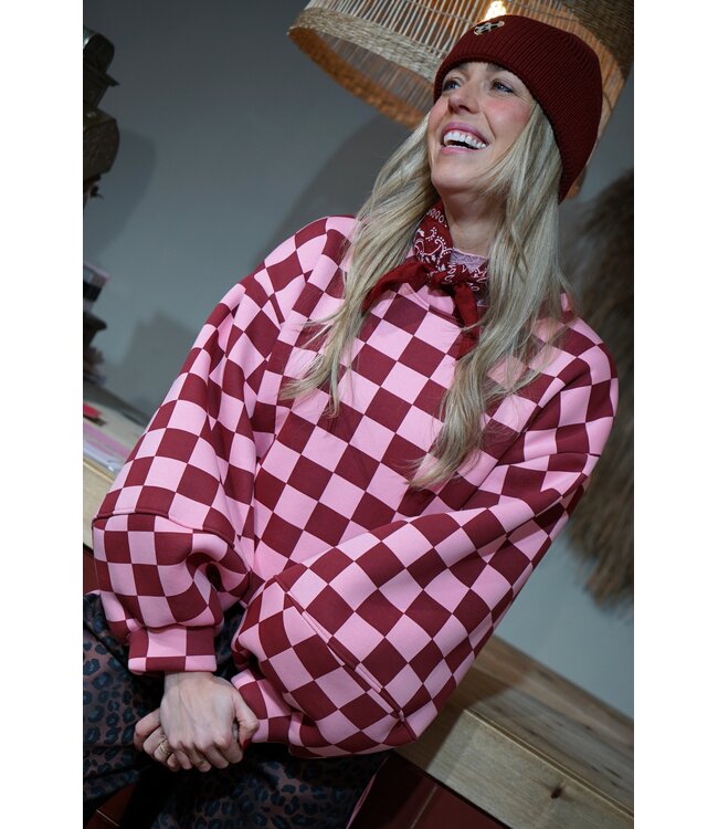 GEBLOKTE TRUI BURGUNDY ROZE