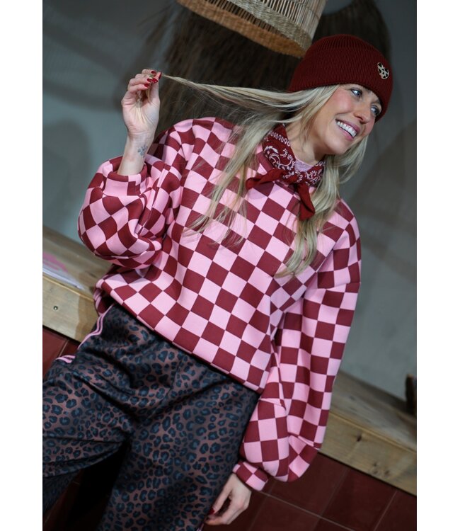 GEBLOKTE TRUI BURGUNDY ROZE