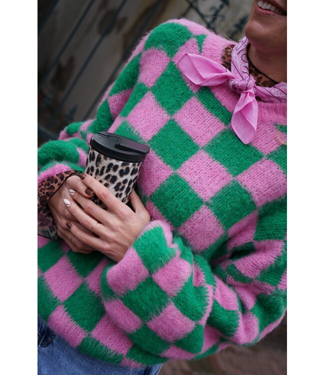 GEBLOKTE TRUI GROEN ROZE