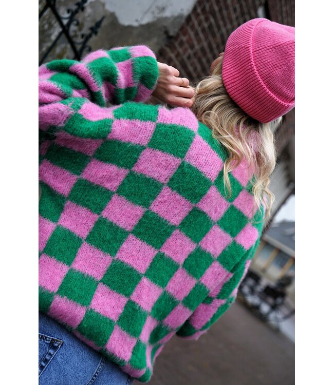 GEBLOKTE TRUI GROEN ROZE