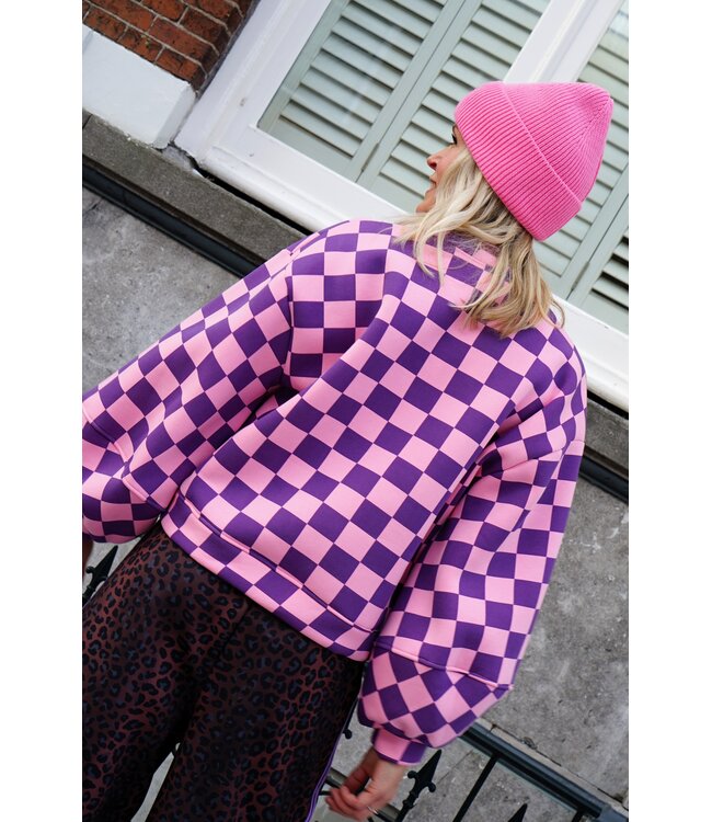 GEBLOKTE TRUI PAARS ROZE