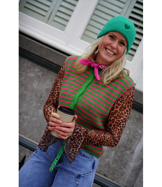 GEBREID GILET STREEP GROEN ROZE