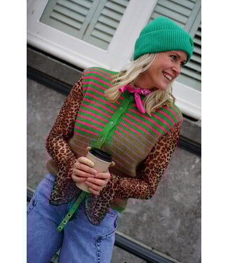 GEBREID GILET STREEP GROEN ROZE