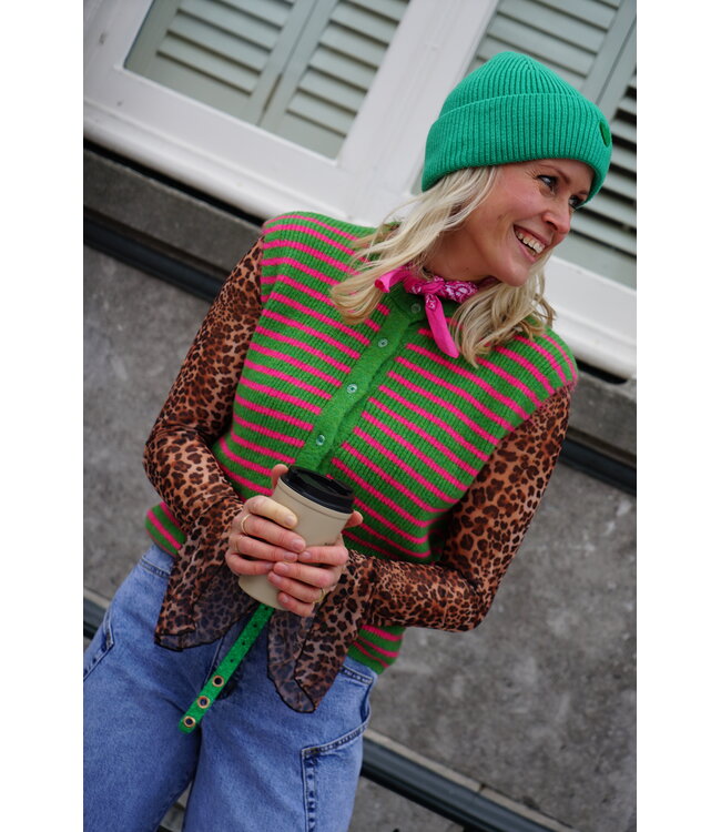 GEBREID GILET STREEP GROEN ROZE