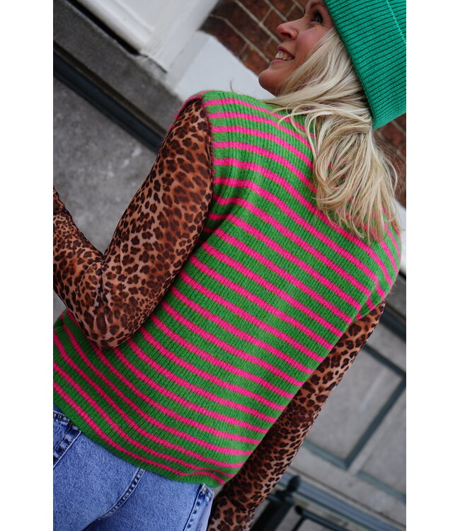 GEBREID GILET STREEP GROEN ROZE