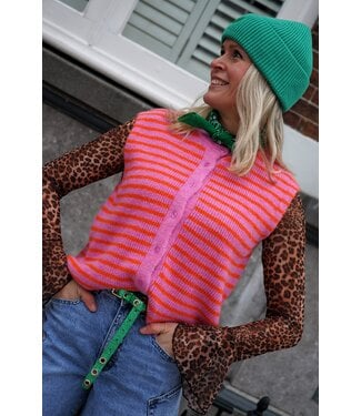GEBREID GILET STREEP ORANJE ROZE