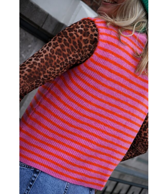 GEBREID GILET STREEP ORANJE ROZE