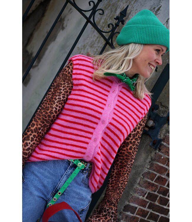 GEBREID GILET STREEP ROOD ROZE