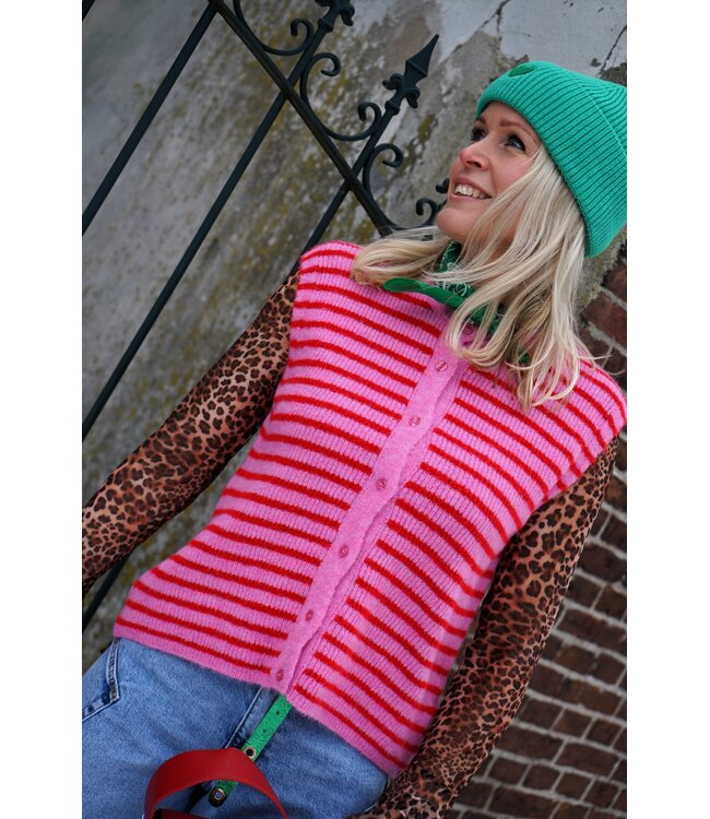 GEBREID GILET STREEP ROOD ROZE
