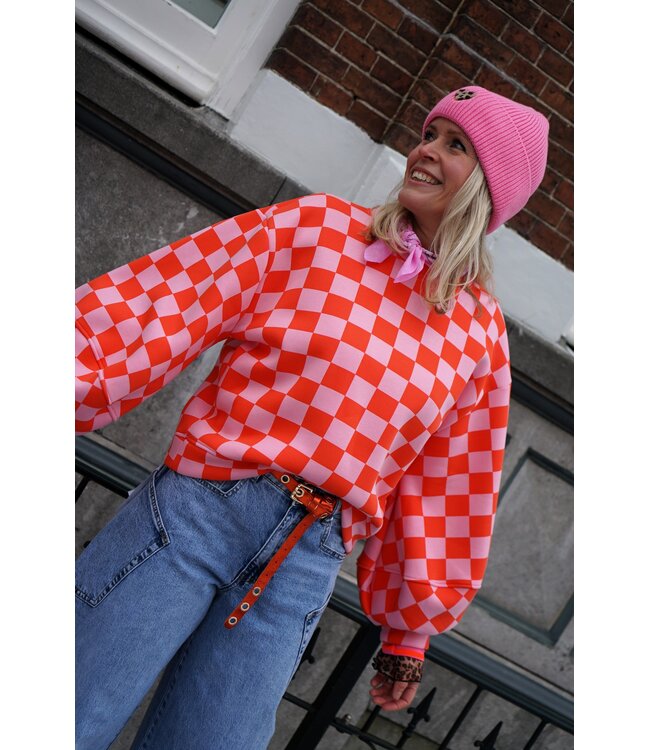 GEBLOKTE TRUI ORANJE ROZE