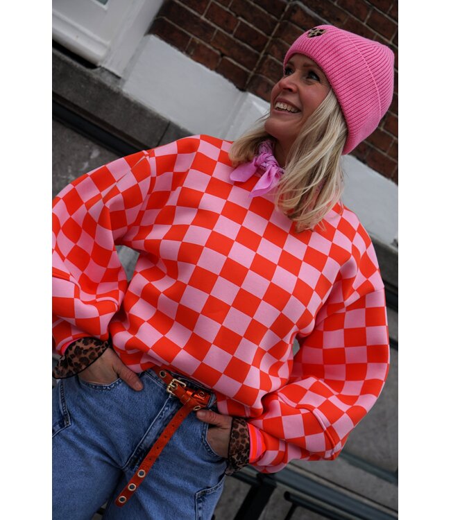 GEBLOKTE TRUI ORANJE ROZE