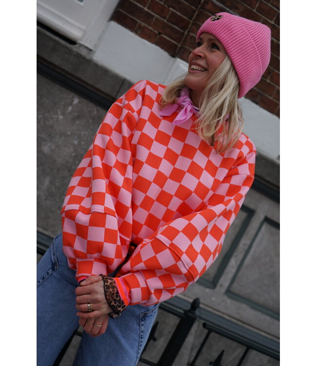 GEBLOKTE TRUI ORANJE ROZE