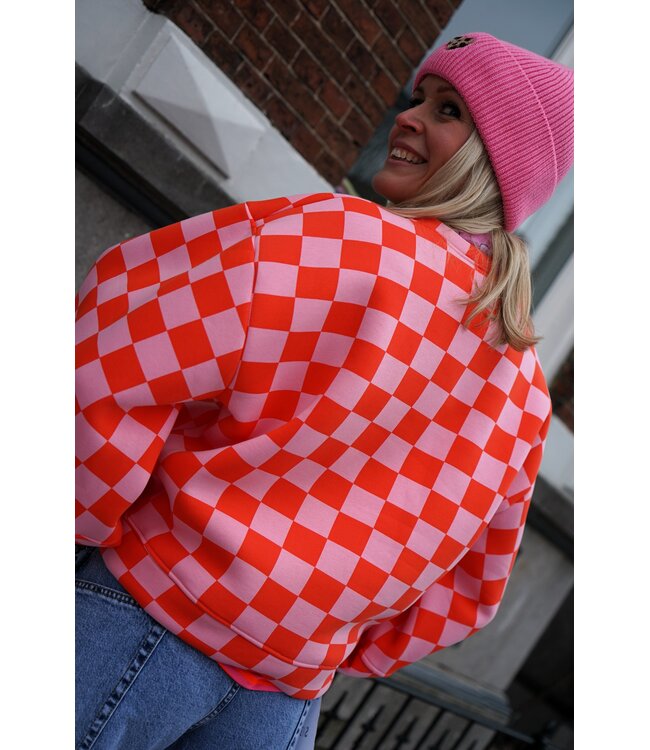 GEBLOKTE TRUI ORANJE ROZE