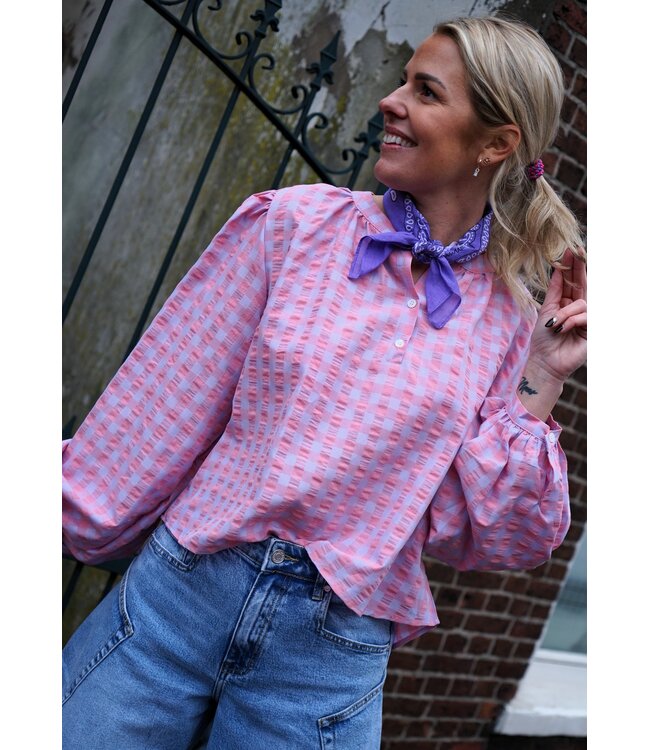 BLOUSE GEBLOKT LILA ROZE