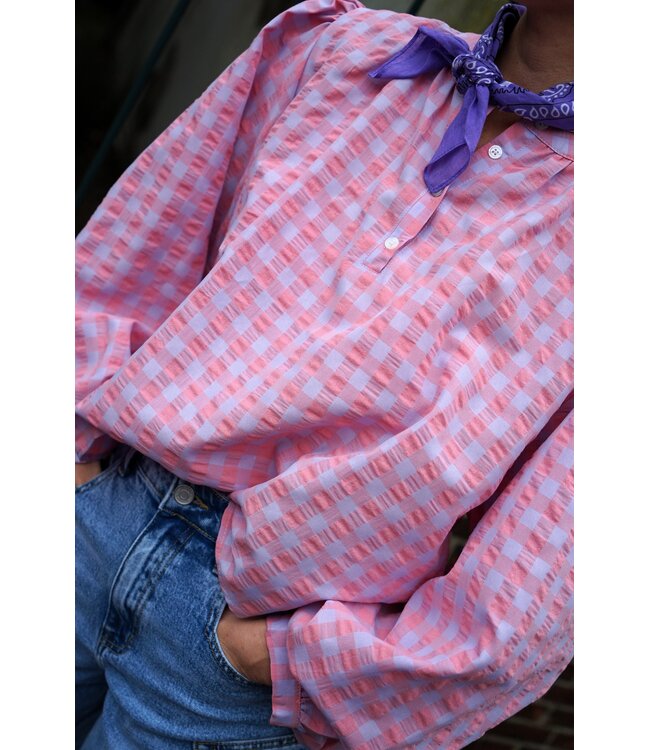 BLOUSE GEBLOKT LILA ROZE
