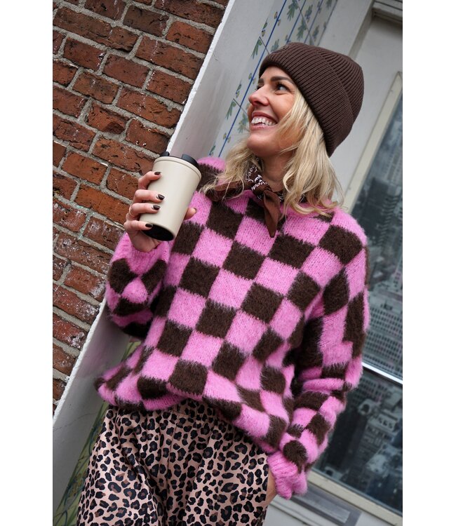 GEBLOKTE TRUI ROZE BRUIN