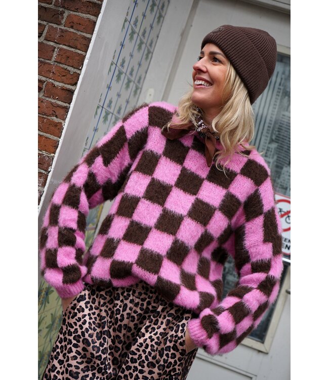 GEBLOKTE TRUI ROZE BRUIN
