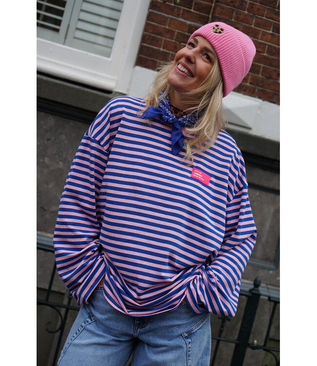 OVERSIZED STREEP TOP ROZE BLAUW
