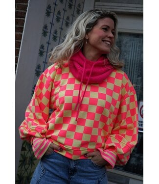 SWEATER GEBLOKT GEEL ROZE