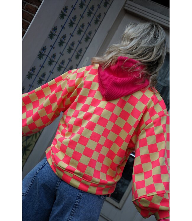 SWEATER GEBLOKT GEEL ROZE