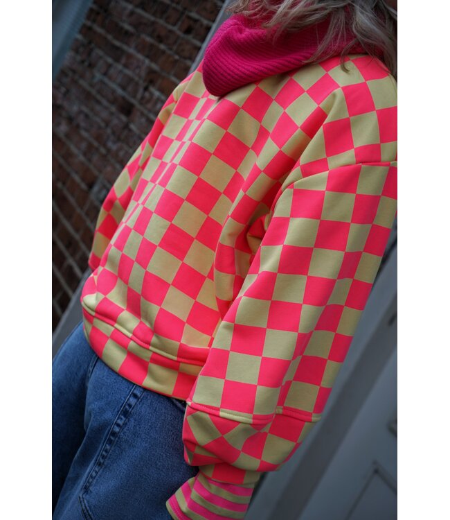 SWEATER GEBLOKT GEEL ROZE
