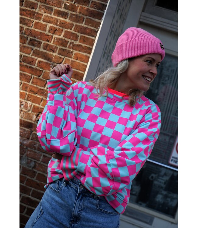 SWEATER GEBLOKT FUCHSIA BLAUW