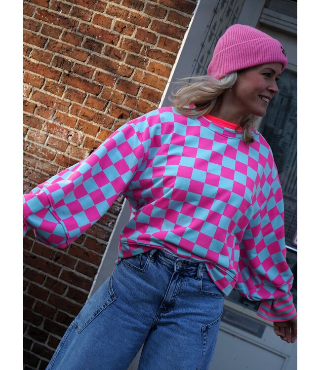 SWEATER GEBLOKT FUCHSIA BLAUW
