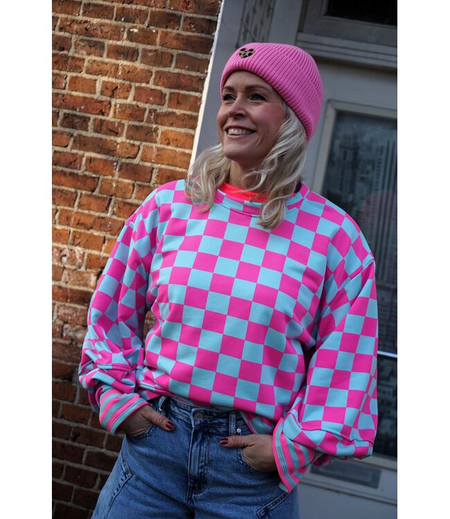 SWEATER GEBLOKT FUCHSIA BLAUW