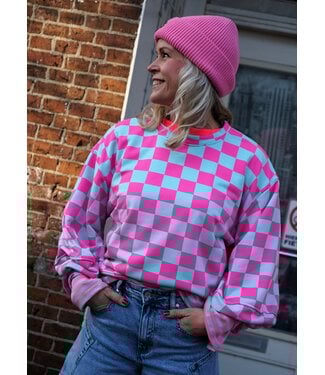SWEATER GEBLOKT FUCHSIA BLAUW