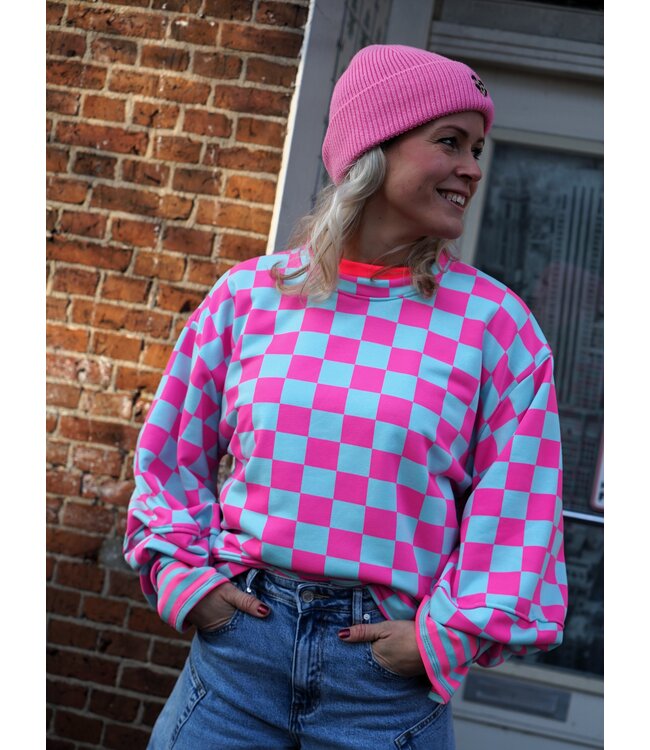 SWEATER GEBLOKT FUCHSIA BLAUW