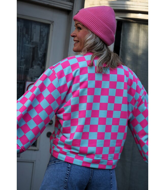 SWEATER GEBLOKT FUCHSIA BLAUW