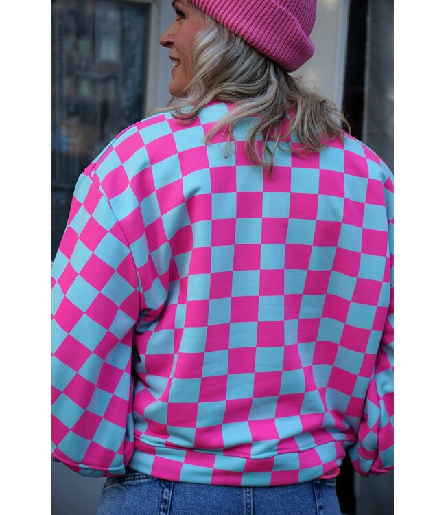 SWEATER GEBLOKT FUCHSIA BLAUW