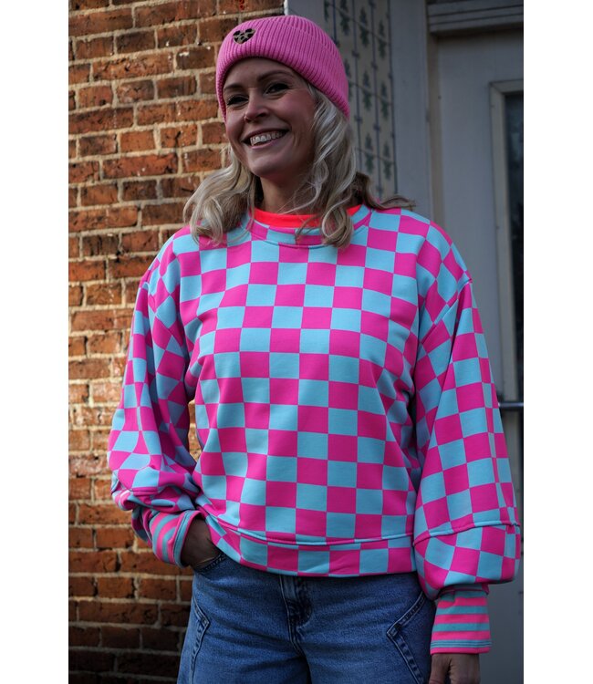 SWEATER GEBLOKT FUCHSIA BLAUW