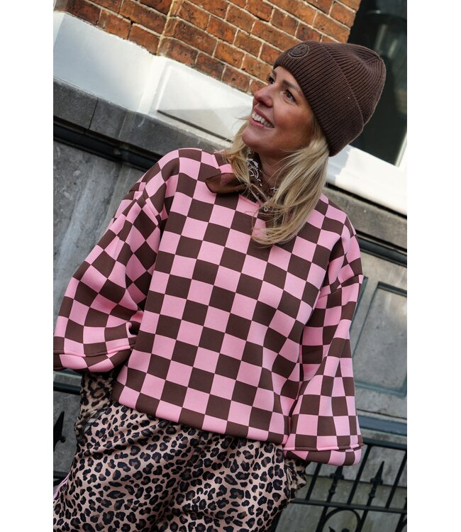 SWEATER GEBLOKT BRUIN ROZE