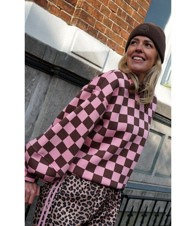 SWEATER GEBLOKT BRUIN ROZE