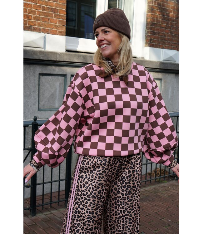 SWEATER GEBLOKT BRUIN ROZE