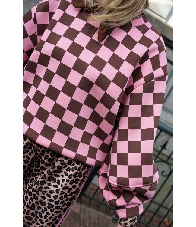 SWEATER GEBLOKT BRUIN ROZE