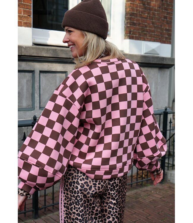 SWEATER GEBLOKT BRUIN ROZE