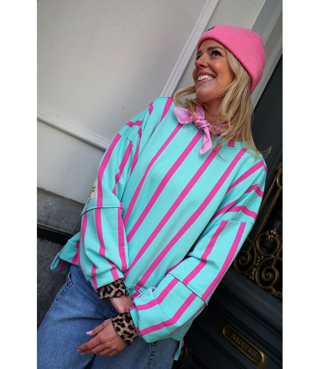 STREEP SWEATER LOT BLAUW ROZE
