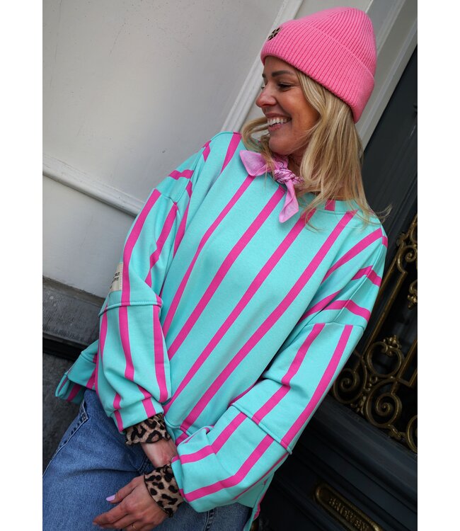STREEP SWEATER LOT BLAUW ROZE
