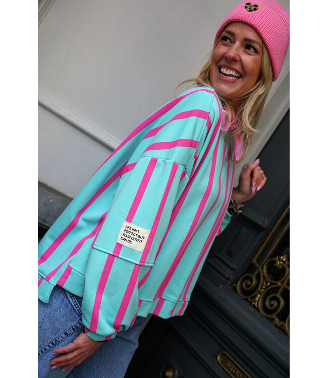 STREEP SWEATER LOT BLAUW ROZE