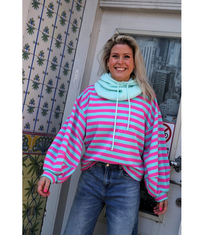 STREEP SWEATER FAY BLAUW FUCHSIA