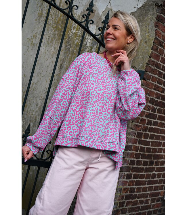 SWEATER LEOPARD BLAUW FUCHSIA