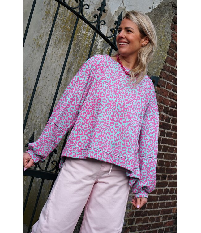 SWEATER LEOPARD BLAUW FUCHSIA