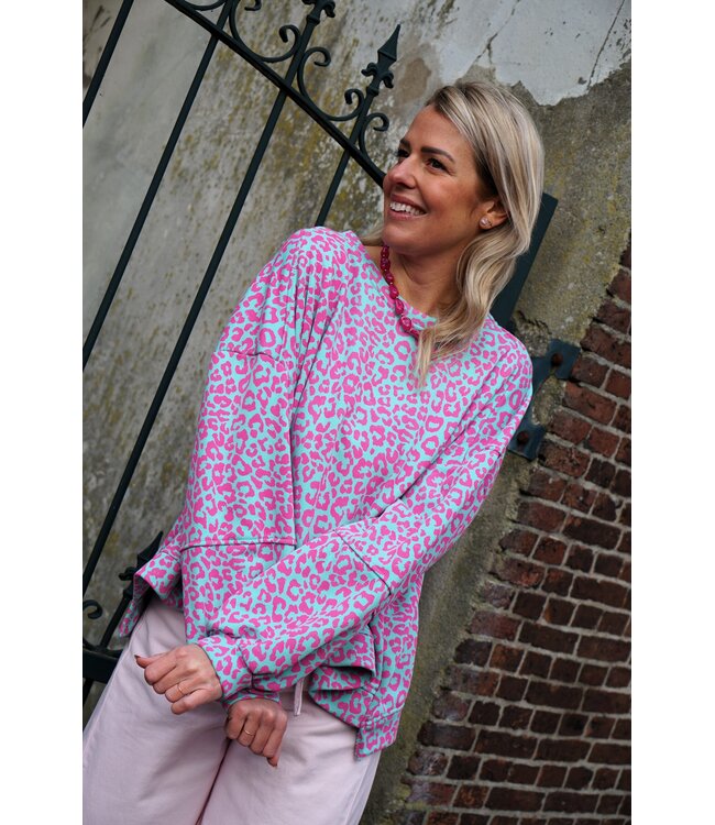 SWEATER LEOPARD BLAUW FUCHSIA