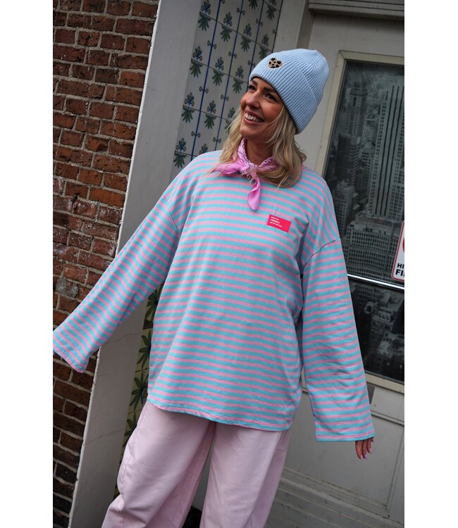 OVERSIZED STREEP TOP ROZE BLAUW