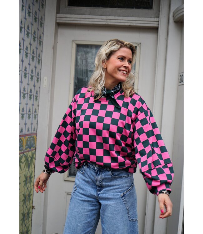 GEBLOKTE TRUI GROEN FUCHSIA