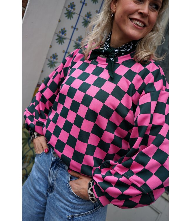 GEBLOKTE TRUI GROEN FUCHSIA
