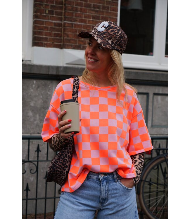 GEBLOKTE TOP ORANJE ROZE