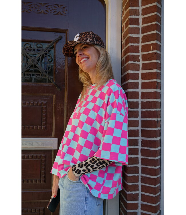 GEBLOKTE TOP BLAUW FUCHSIA